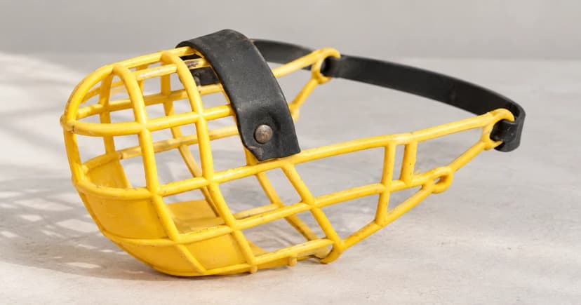 A yellow open-basket muzzle with a dark bridge and black rear band rests upright on a pale tabletop.