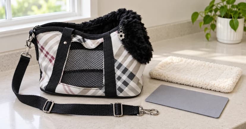 An empty plaid fabric pet carrier rests beside a separate soft pad and flat support board.