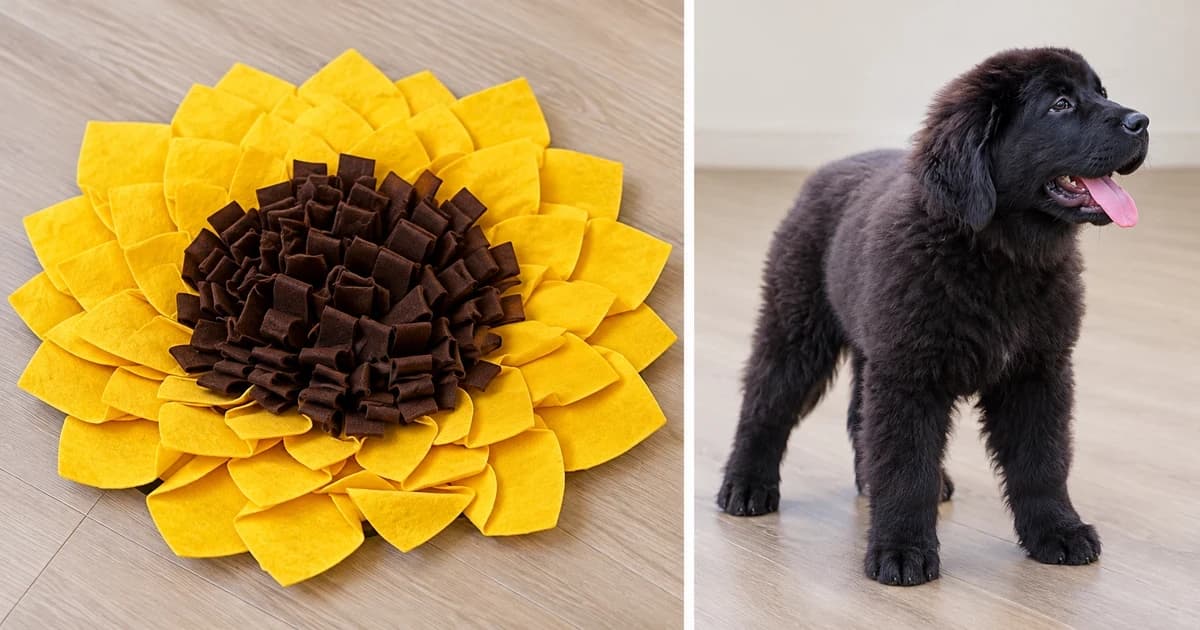 Photo-based edited views of an empty yellow and brown fabric snuffle mat and a separate black dog