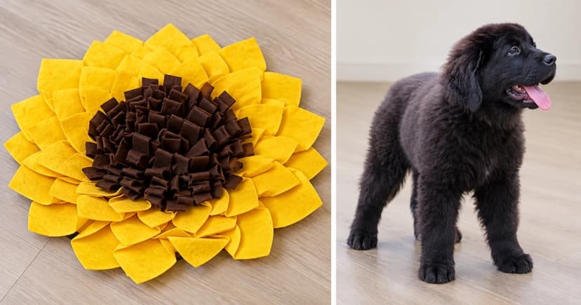 Photo-based edited views of an empty yellow and brown fabric snuffle mat and a separate black dog