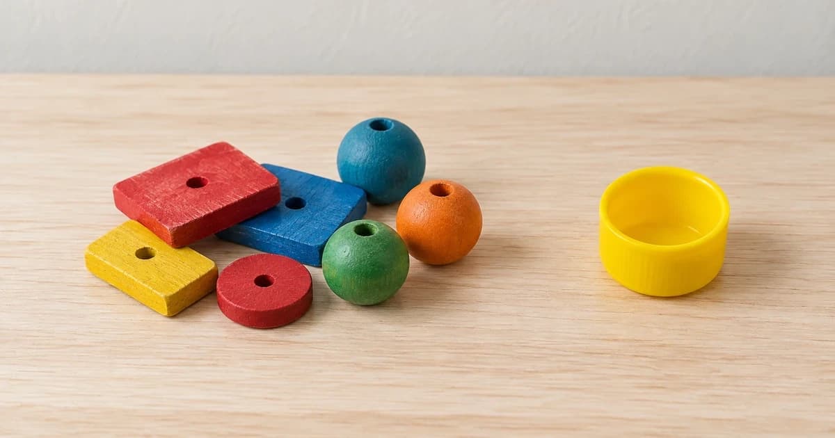 Separate colored toy pieces and a yellow cup-like piece on a wooden surface; edited bird-toy care illustration.
