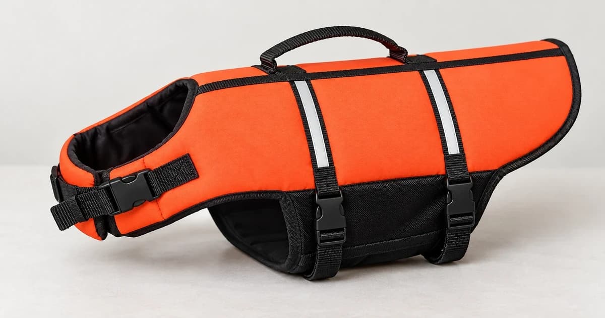 A single empty orange-and-black dog life jacket with a dark handle and straps rests on a pale surface.
