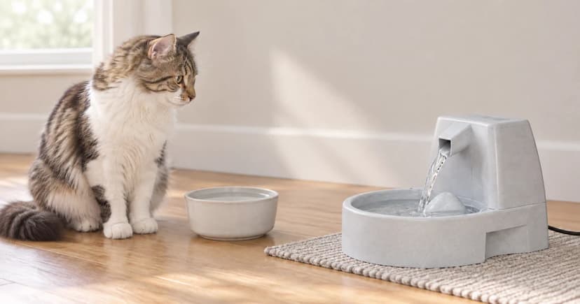 A cat sits apart from a gray water fountain, with a separate water bowl nearby.