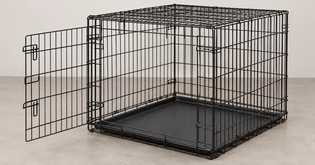 An empty generic black wire crate with a base tray and open front door on a neutral surface.