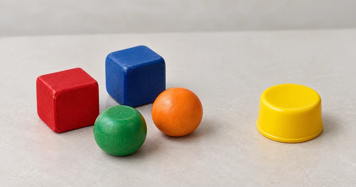 Colored block-and-bead toy form beside a rounded yellow toy form on a pale tabletop.