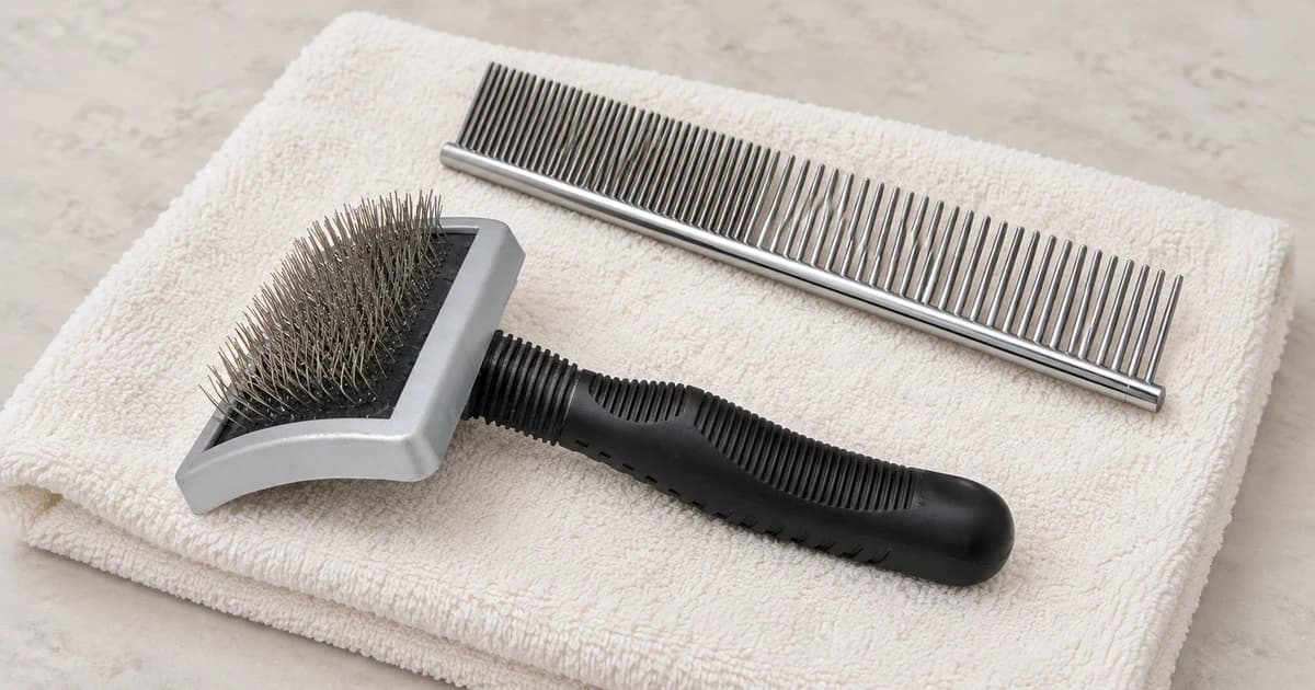 A rectangular pin brush and a metal comb arranged separately on a pale folded towel.