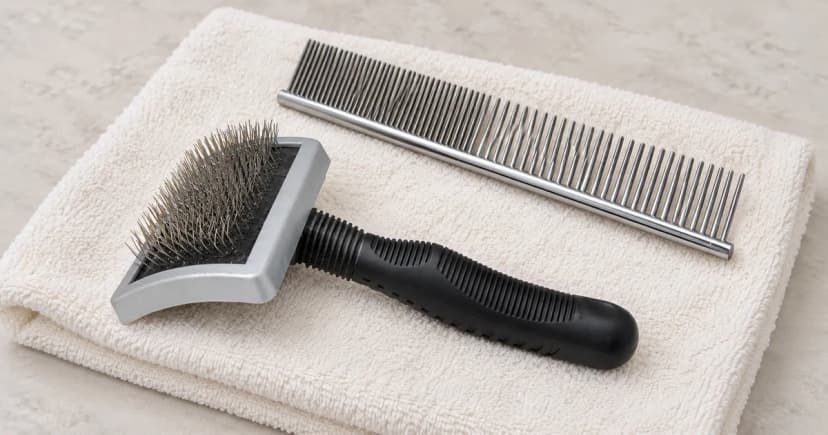 A rectangular pin brush and a metal comb arranged separately on a pale folded towel.