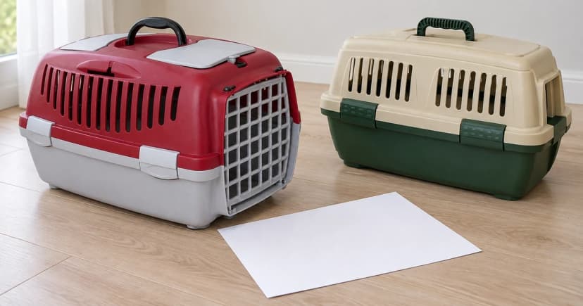 Photo-based edited illustration of two generic empty hard-sided pet carriers beside blank paper