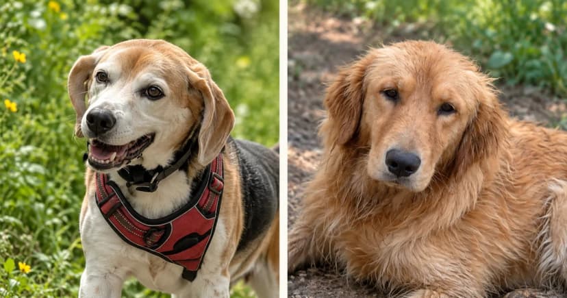 A Beagle in a walking harness and a golden retriever in separate outdoor portraits.