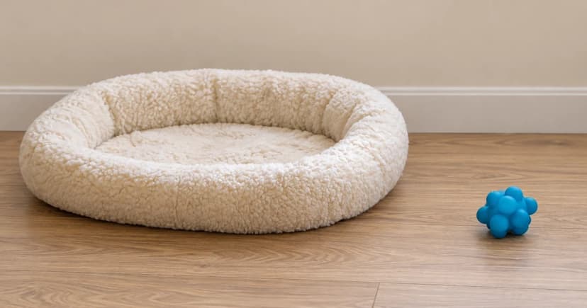 An empty cream oval bed and a separate blue rounded-lobed toy sit on a pale indoor floor.