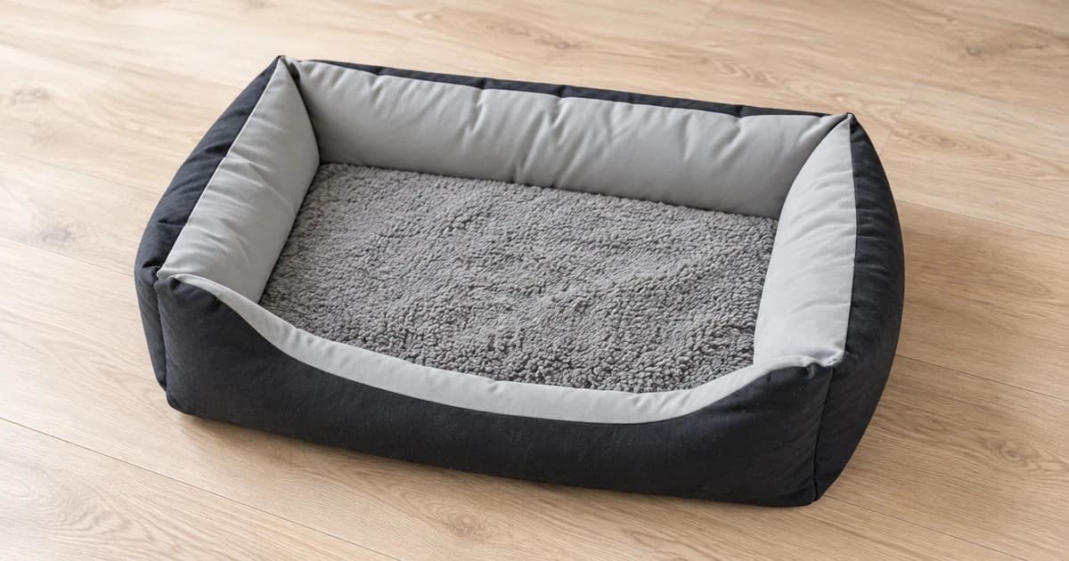 Empty black and gray bolster dog bed with a fleece sleeping surface on a wood floor