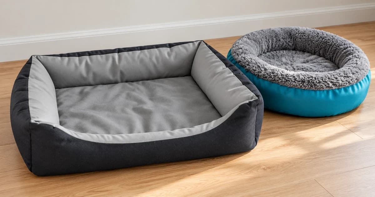 Photo-based edited illustration of a grey rectangular bed beside a smaller grey-fleece and teal bed, both empty
