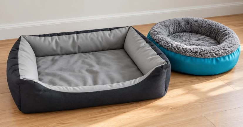 Photo-based edited illustration of a grey rectangular bed beside a smaller grey-fleece and teal bed, both empty
