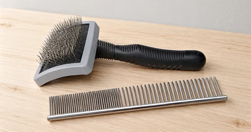 Gray grooming brush with a black handle and a metal comb lying separately on a pale wooden tabletop.
