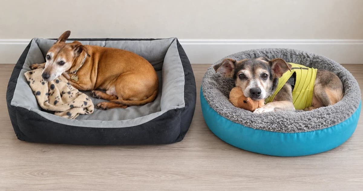 Two dogs resting in different open beds in a reconstructed indoor setting