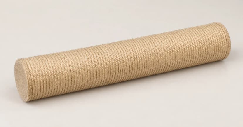 Edited illustration of a detached generic rope-wrapped cat-tree post on a pale tabletop