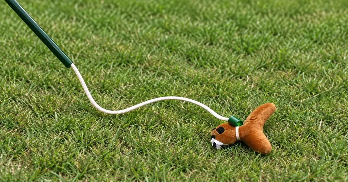 A cropped green flirt-pole shaft with a slack white line and brown soft lure resting on grass.