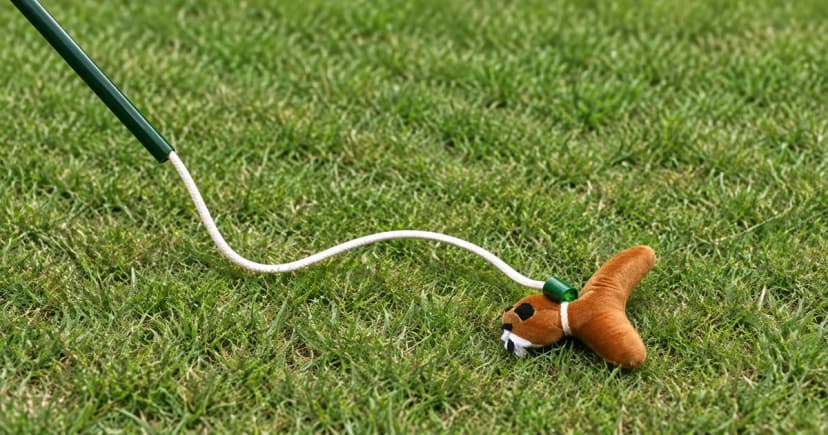 A cropped green flirt-pole shaft with a slack white line and brown soft lure resting on grass.