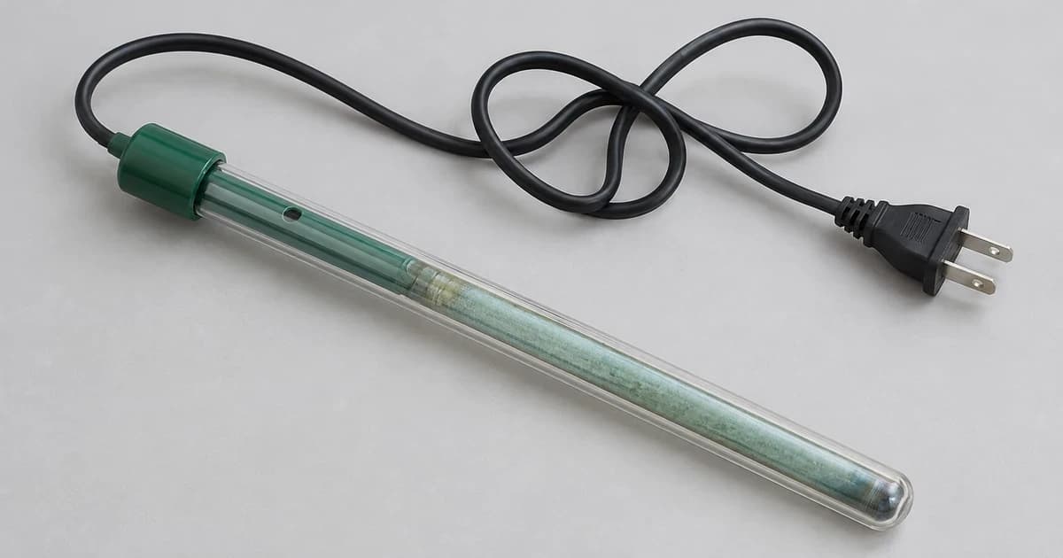 Generic glass-tube aquarium heater and loose unconnected cord on a pale tabletop