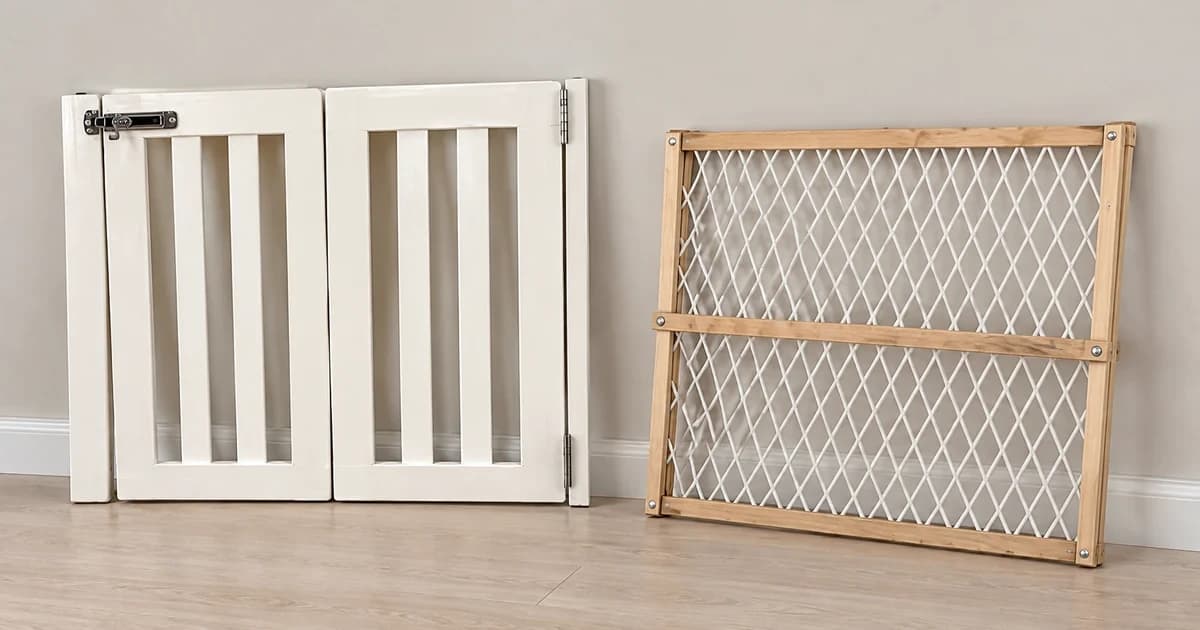 Two different wooden gate structures shown uninstalled on a level indoor floor in a photo-based illustration.