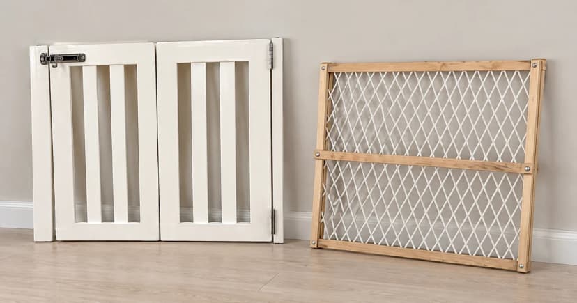 Two different wooden gate structures shown uninstalled on a level indoor floor in a photo-based illustration.
