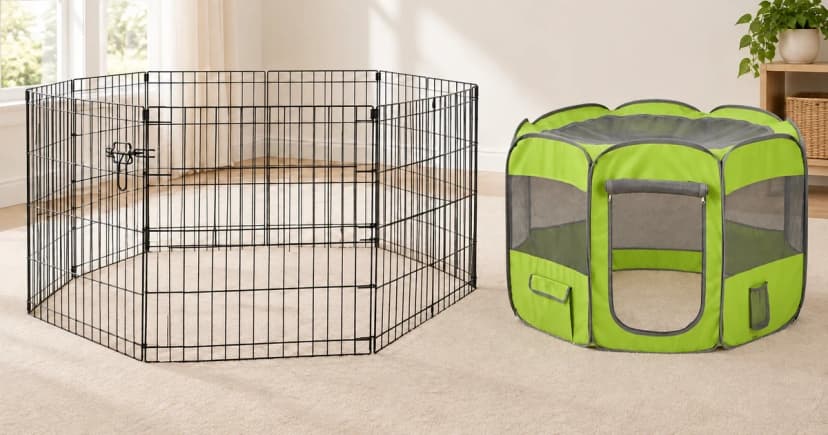 Empty black wire exercise pen beside a separate green fabric mesh pen with a rolled-up front door in an indoor preparation scene