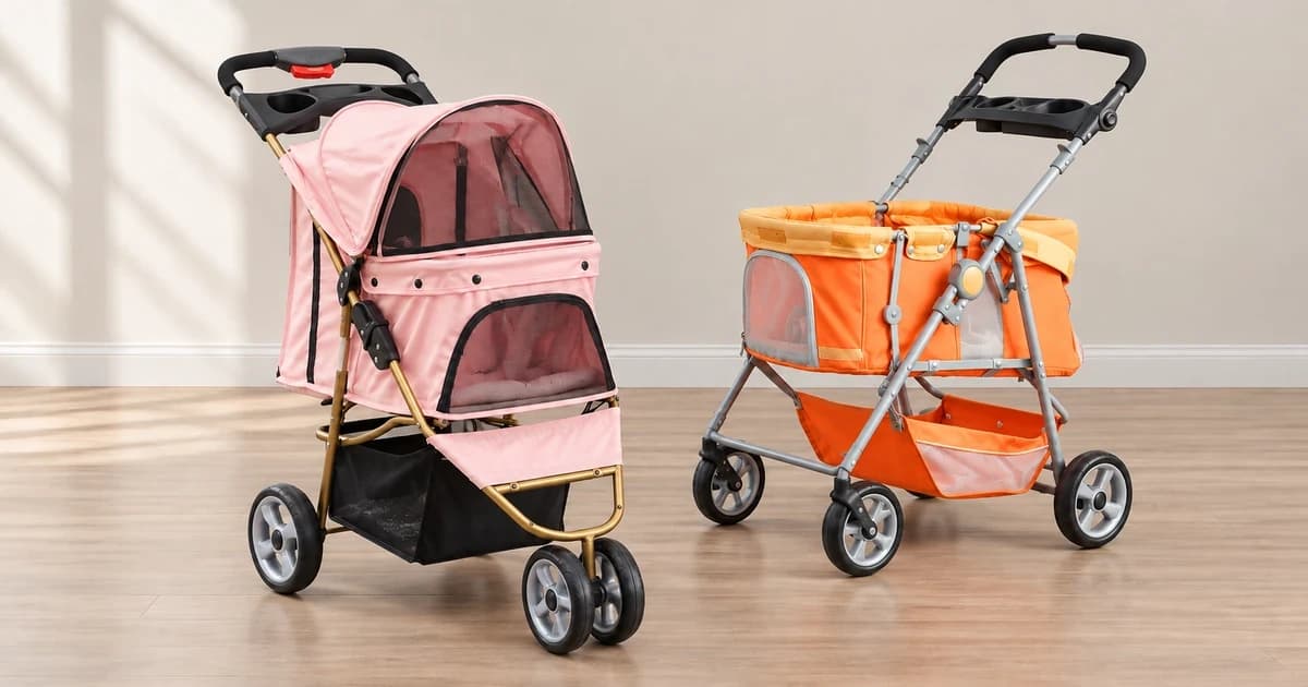 Two empty pet strollers with different frames and enclosure designs in a generic indoor comparison scene
