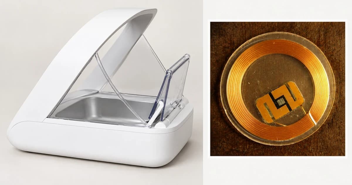 Edited two-panel illustration of an empty generic feeder exterior and a separately bordered generic RFID concept detail