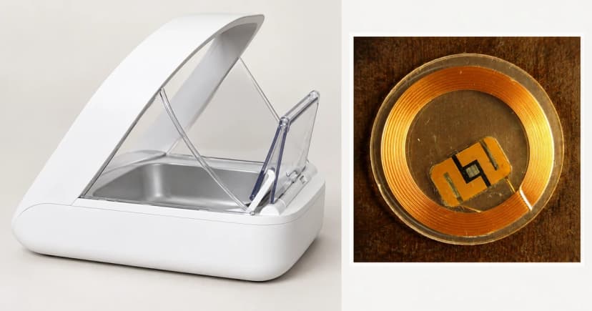 Edited two-panel illustration of an empty generic feeder exterior and a separately bordered generic RFID concept detail