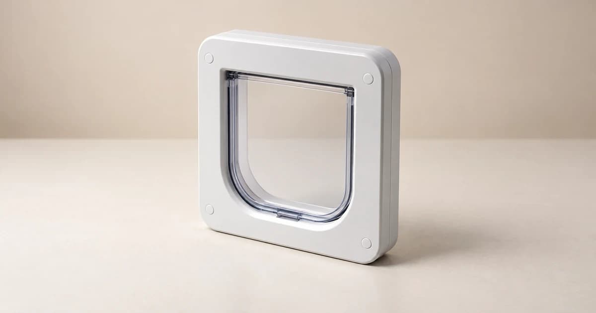 Reconstructed empty pale cat-flap frame with a clear leaf resting unmounted on a neutral tabletop.