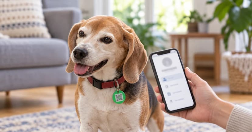 A beagle wears a plain collar tag beside a hand-held phone with an unreadable screen.