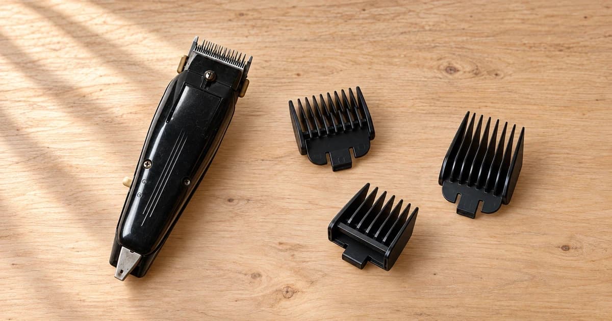 An unidentified dark pet clipper and three separate unmounted black guard combs on a tabletop; edited equipment illustration.