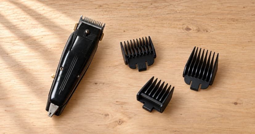 An unidentified dark pet clipper and three separate unmounted black guard combs on a tabletop; edited equipment illustration.