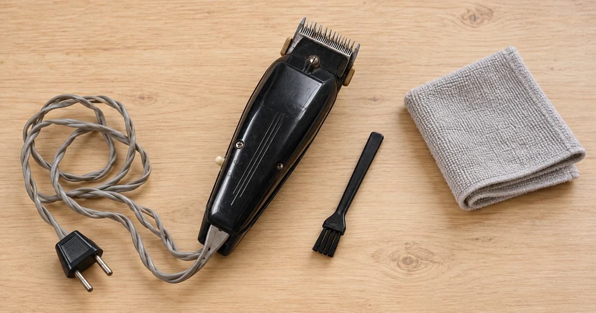 An unpowered generic clipper, cleaning brush and soft cloth laid out on a tabletop.