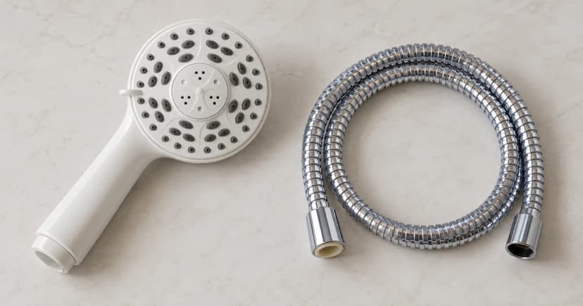 Edited illustration of a detached household handshower and a separate coiled hose