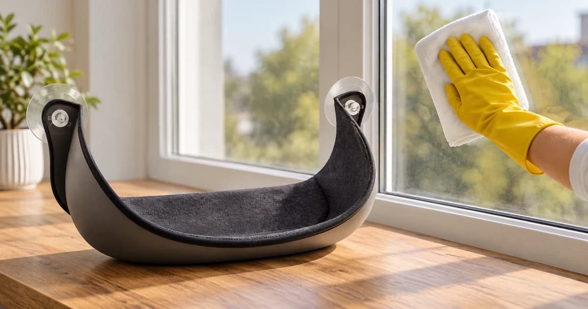A gloved hand wipes an indoor window beside an empty, unmounted half-pod cat perch with visible suction cups.