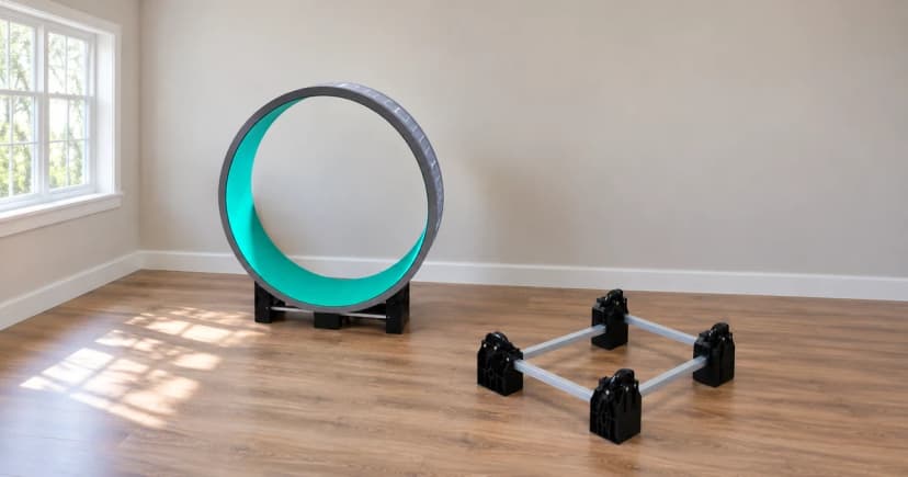 Empty circular cat exercise wheel and separate roller base in an indoor equipment setup illustration