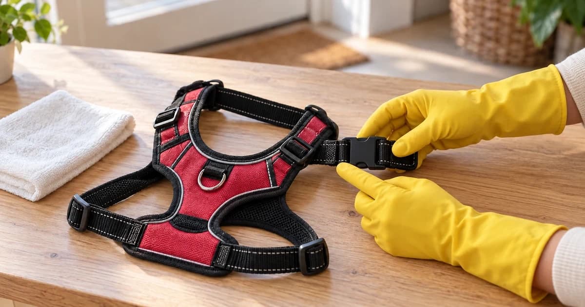 Two gloved hands inspect a dry red-and-black fabric dog harness on a table, with a folded cloth nearby.