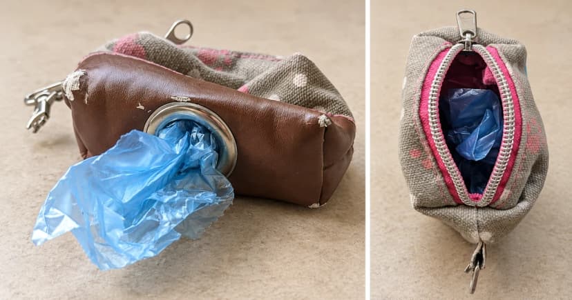 Two views of a fabric poop-bag pouch show a bag emerging from its metal outlet and the open pink zipper above.