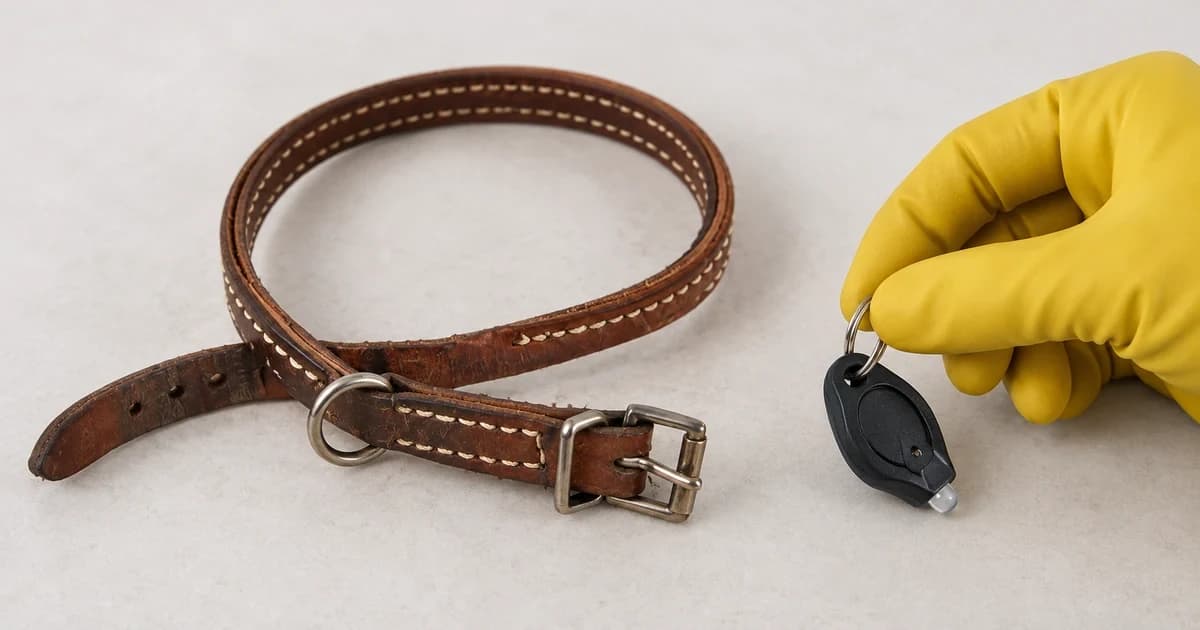 Gloved hand inspecting a small unlit oval microlight attachment ring beside an off-dog brown buckle collar; the light is unmounted