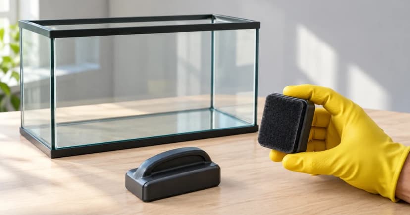 A gloved hand holds one cleaner pad for inspection beside an empty aquarium and a separately placed outer handle.