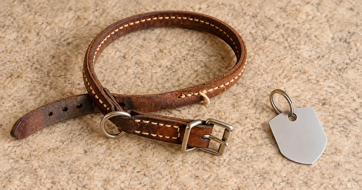 An off-dog buckle collar beside a blank metal tag and its split ring, arranged for an attachment check.