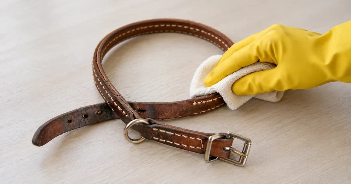 Yellow-gloved hand holding a dry cloth against a brown buckle collar laid on a table, with its hardware and adjustment tail visible
