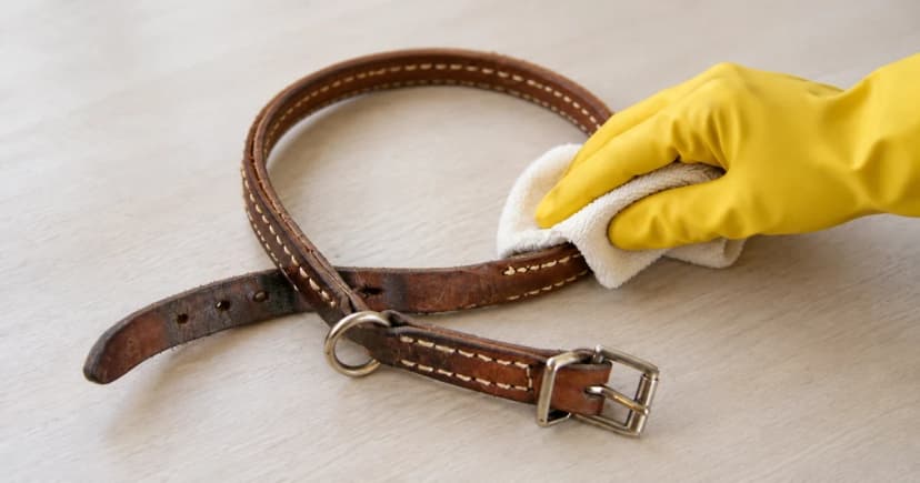Yellow-gloved hand holding a dry cloth against a brown buckle collar laid on a table, with its hardware and adjustment tail visible