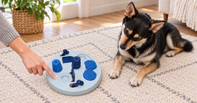 A hand points beside an open well on a mechanical puzzle board, with a dog nearby.