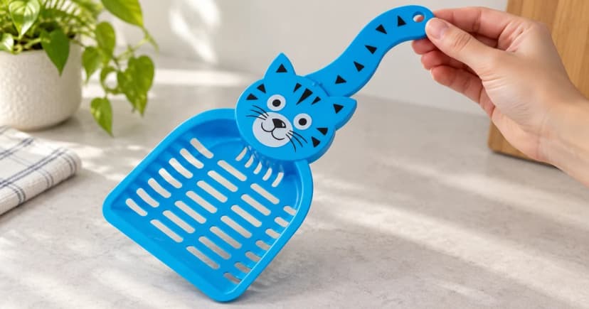 Hand holding the curved handle of an empty blue cat-shaped litter scoop above a table, with the entire slotted head and working edge visible