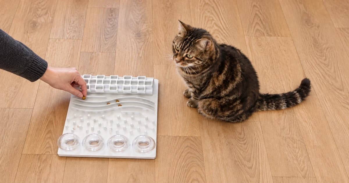 A hand places a visible food piece in a shallow channel on a white puzzle board while a tabby cat watches nearby.