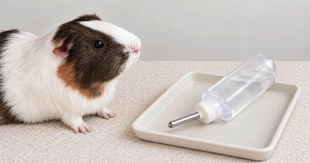 A small-pet bottle with a white cap and steel tube rests separately on a tray beside a guinea pig.