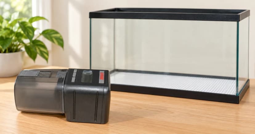 Whole dark automatic aquarium feeder resting on a dry tabletop beside a separate empty black-rim glass aquarium before installation