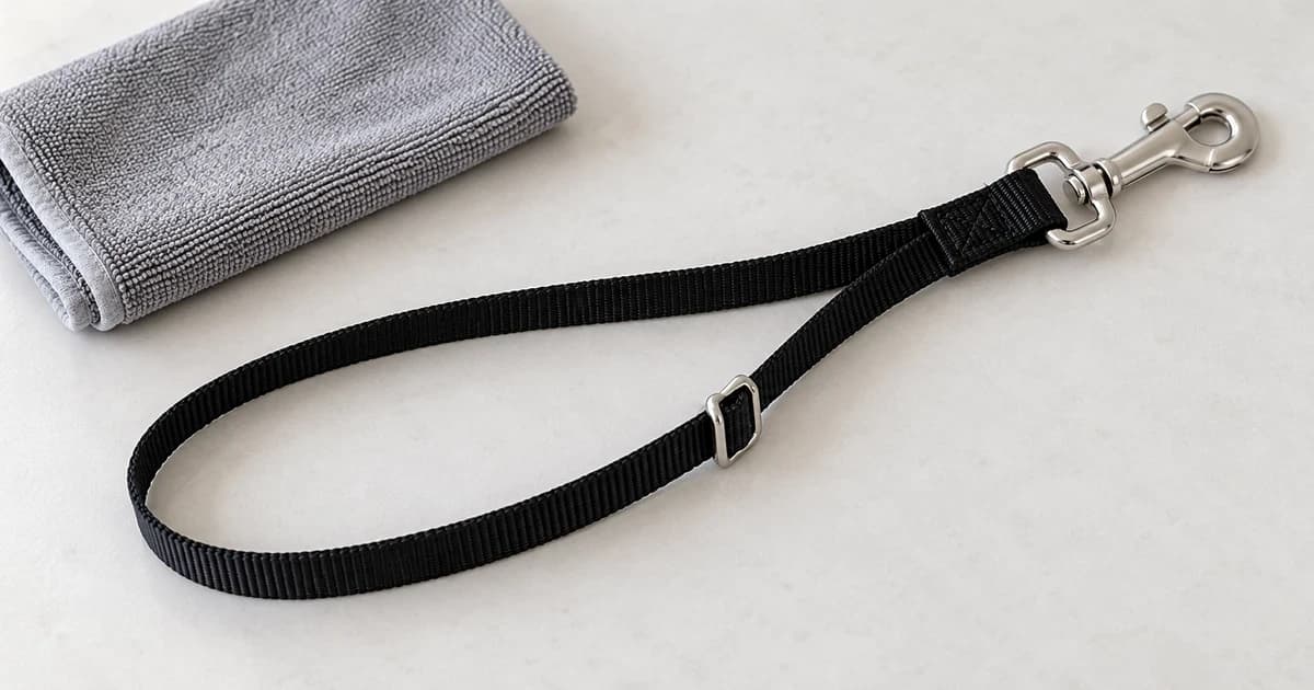 A loose dark woven grooming loop with metal snap and slider hardware laid flat beside a cloth.